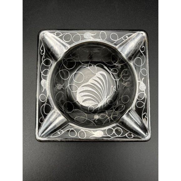 Unmarked Other - Vintage Art Nouveau Floral Butterfly Clear Glass Silver Overlay Square Ashtray